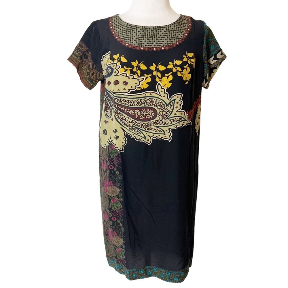 Etro Paisley Silk Shift Dress Italian Luxury Print Short Sleeve sz 42